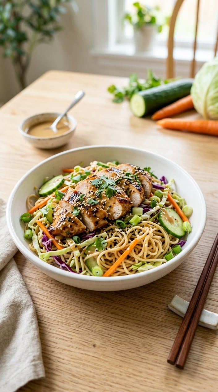 14 Easy Lunch Ideas That Aren't the Same Turkey Sandwich Again 37 A wide bowl of cold ramen noodles tossed with shredded chicken, purple cabbage, shredded carrot, and sliced green onion, finished with a drizzle of sesame dressing and a generous sprinkle of sesame seeds.
