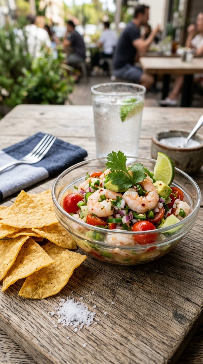 14 Easy Lunch Ideas That Aren't the Same Turkey Sandwich Again 38 A white ceramic bowl filled with bright pink shrimp ceviche studded with diced red tomato, white onion, green cilantro, and chunks of avocado, surrounded by a ring of golden tortilla chips on a wooden surface.