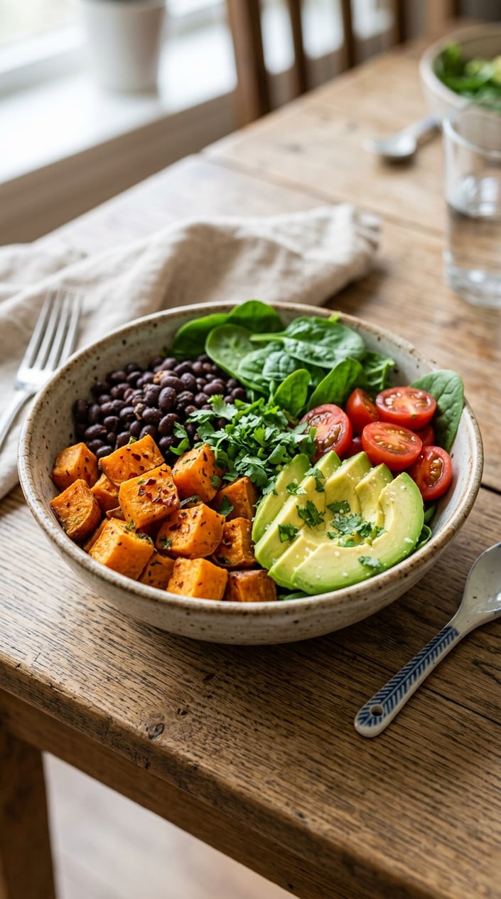 14 Easy Lunch Ideas That Aren't the Same Turkey Sandwich Again 39 A wide bowl with a base of brown rice topped with caramelized cubed sweet potato, matte black beans, sliced avocado fanned across one side, a scattering of cherry tomatoes, and fresh cilantro, shot on a warm wood surface.