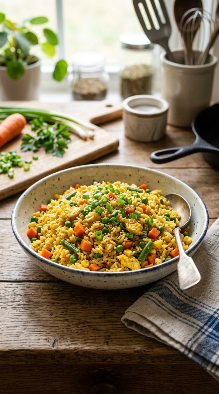 14 Easy Lunch Ideas That Aren't the Same Turkey Sandwich Again 40 A ceramic bowl of golden egg fried rice with visible flecks of scrambled egg, diced green vegetable, and shredded carrot, garnished with sliced green onion, photographed on a dark wood table.