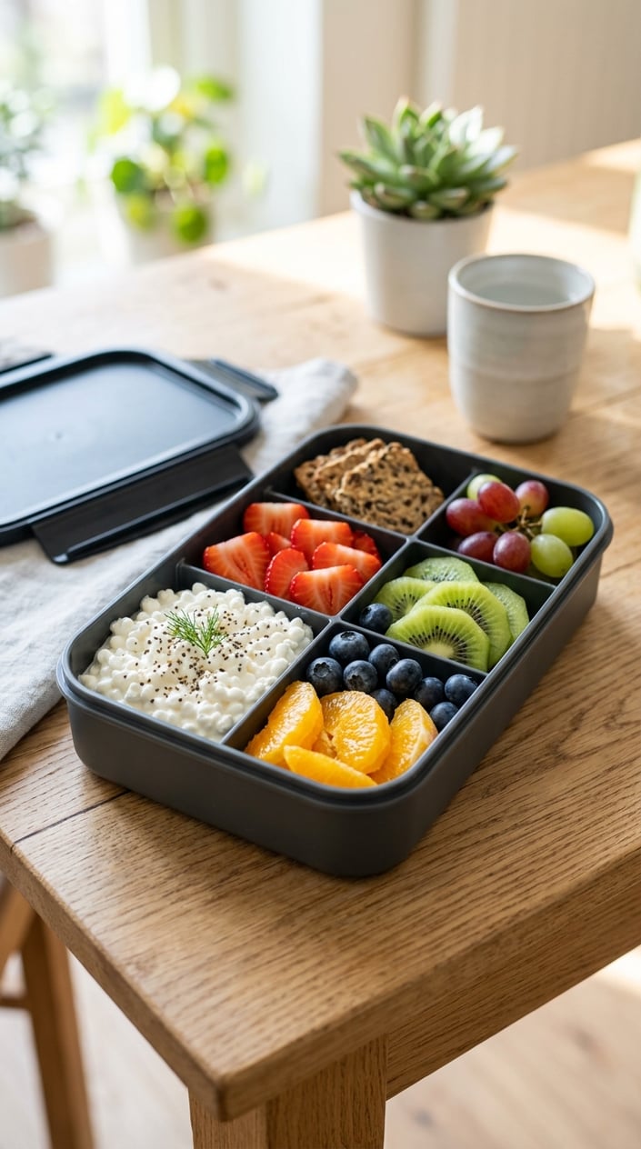 14 Easy Lunch Ideas That Aren't the Same Turkey Sandwich Again 41 A rectangular bento box with one compartment holding a scoop of white cottage cheese drizzled with honey, and three separate compartments neatly filled with sliced strawberries, halved purple grapes, and scattered blueberries, on a pale wood surface.