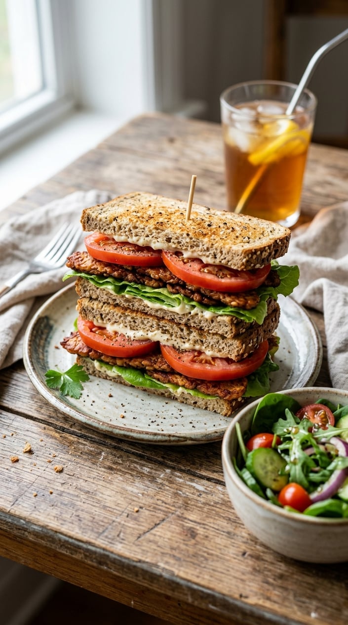 14 Easy Lunch Ideas That Aren't the Same Turkey Sandwich Again 42 A halved BLT-style sandwich on lightly toasted bread, showing layers of crisped dark-brown tempeh slices, bright green lettuce, and thick red tomato, plated next to a small side salad and a glass of iced tea.