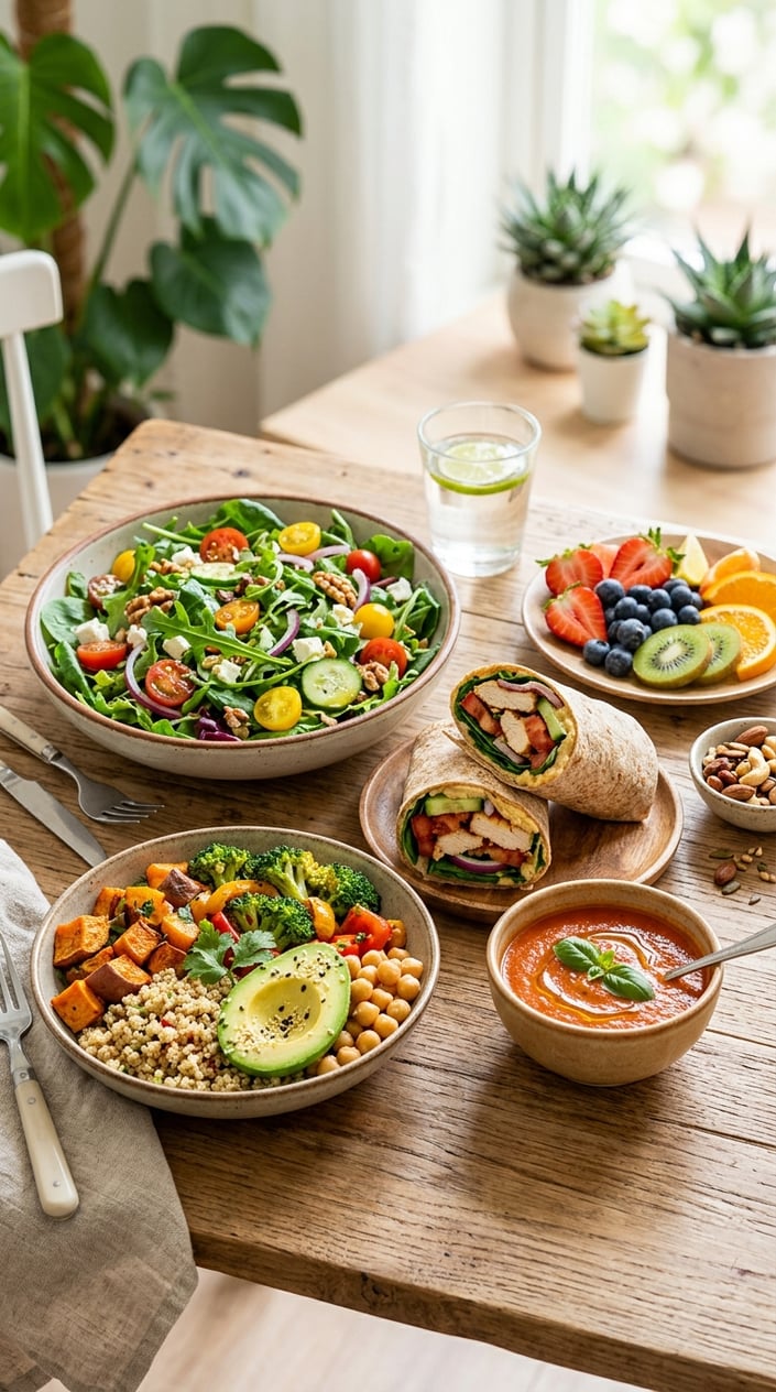 14 Easy Lunch Ideas That Aren't the Same Turkey Sandwich Again 43 A wooden table set with several of the lunches from the article — a wrap cut in half, a grain bowl with colorful toppings, a small cup of soup, and a section of fresh fruit — arranged casually without perfect symmetry.