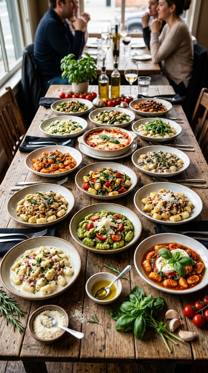 12 Gnocchi Recipes That Taste Like You Tried Way Harder Than You Did 26 Twelve plates of gnocchi dishes arranged on a worn wooden table, each with a different sauce, garnish, and color palette, surrounded by scattered fresh herbs and a small ceramic bowl of Parmesan.