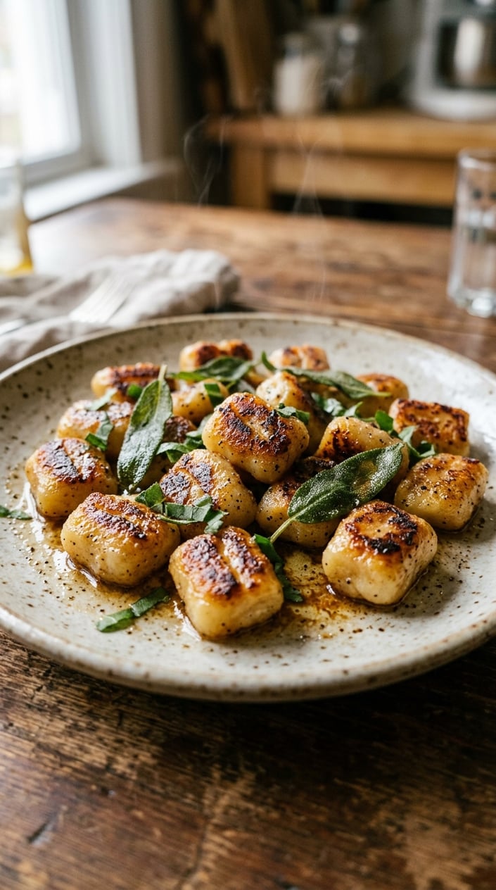 12 Gnocchi Recipes That Taste Like You Tried Way Harder Than You Did 27 Golden-edged gnocchi glistening with browned butter in a white ceramic skillet, scattered with dark green crisped sage leaves and a dusting of finely grated Parmesan.