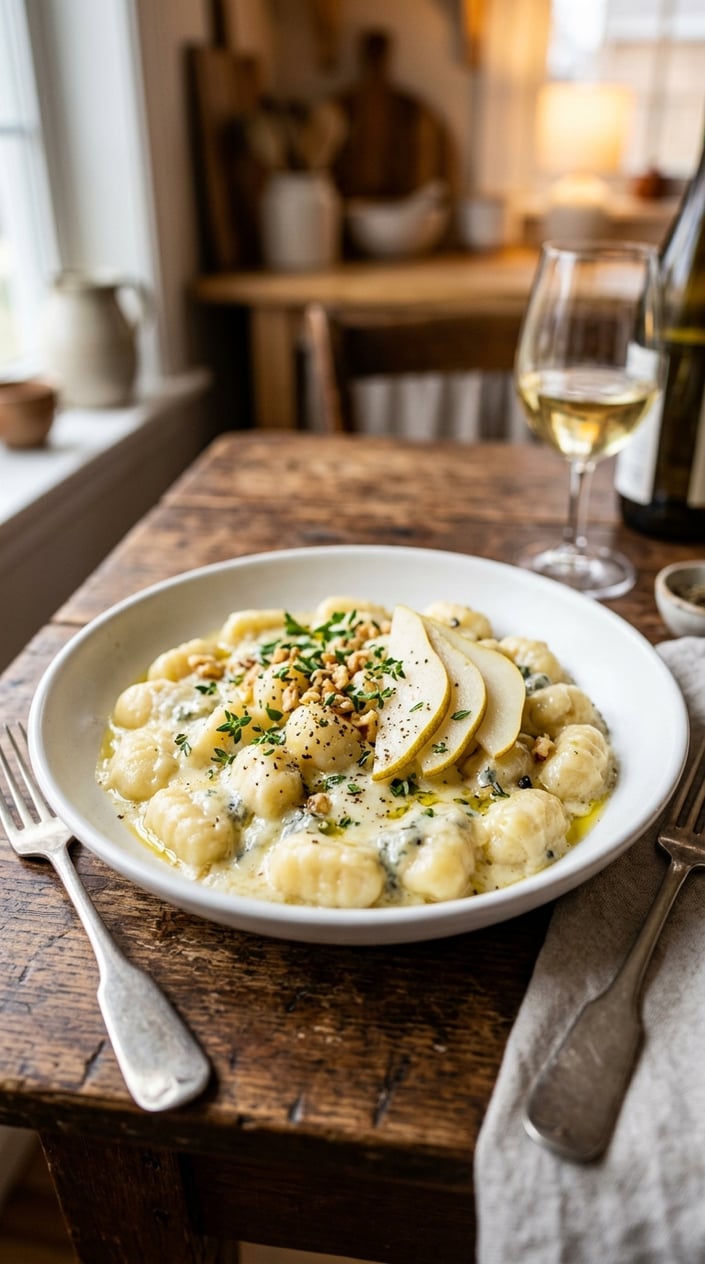 12 Gnocchi Recipes That Taste Like You Tried Way Harder Than You Did 28 Pale ivory gnocchi coated in a creamy Gorgonzola sauce with translucent pear slices and scattered flat-leaf parsley on a wide shallow bowl over a linen-textured wooden surface.