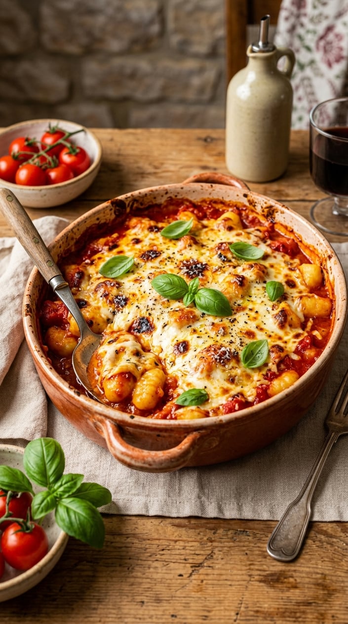 12 Gnocchi Recipes That Taste Like You Tried Way Harder Than You Did 29 A deep ceramic baking dish filled with gnocchi in rusty-red marinara, blanketed by irregularly melted mozzarella with golden-brown bubbled patches, and a few torn basil leaves on top.
