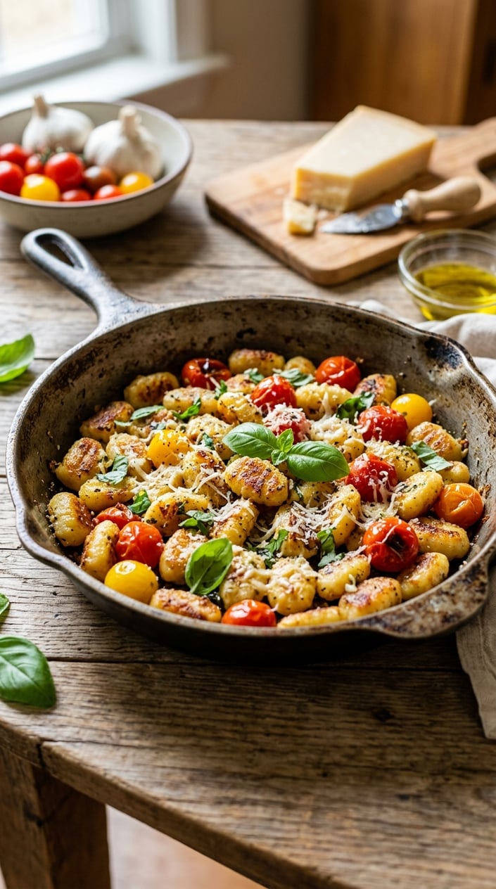 12 Gnocchi Recipes That Taste Like You Tried Way Harder Than You Did 30 A cast iron skillet packed with golden-brown pan-fried gnocchi, halved blistered cherry tomatoes in shades of red and yellow, torn basil leaves, and a snowfall of grated Parmesan.