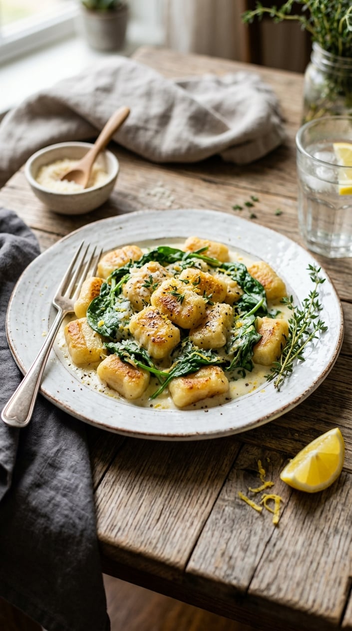 12 Gnocchi Recipes That Taste Like You Tried Way Harder Than You Did 31 Plump gnocchi coated in a pale, creamy ricotta sauce with deep green wilted spinach leaves and thin curls of lemon zest scattered across a wide white bowl.