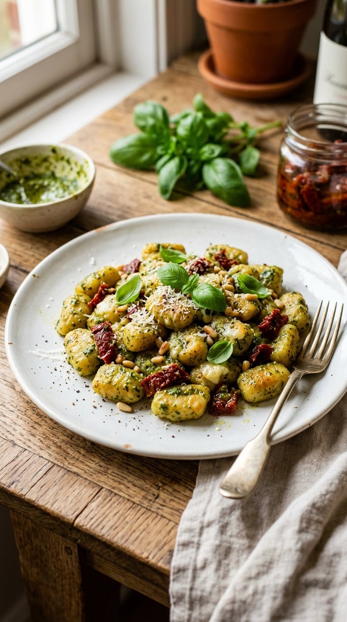 12 Gnocchi Recipes That Taste Like You Tried Way Harder Than You Did 33 Gnocchi generously coated in deep emerald basil pesto with chewy amber sun-dried tomato pieces, crowned with shaved Parmesan and a few small fresh basil leaves on a rustic ceramic plate.