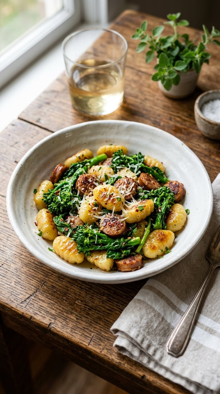 12 Gnocchi Recipes That Taste Like You Tried Way Harder Than You Did 34 A wide shallow bowl of gnocchi and slicked dark green broccoli rabe mixed with crumbled spicy Italian sausage, glistening with olive oil and finished with red pepper flakes and Parmesan shavings.