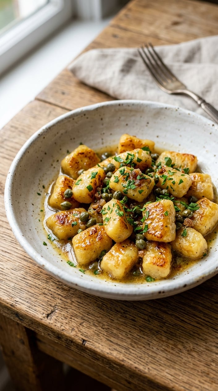 12 Gnocchi Recipes That Taste Like You Tried Way Harder Than You Did 35 A wide bowl of gnocchi in an amber-tinted brown butter sauce with dark green capers and thin strips of lemon zest, finished with chopped parsley and a light dusting of Parmesan.