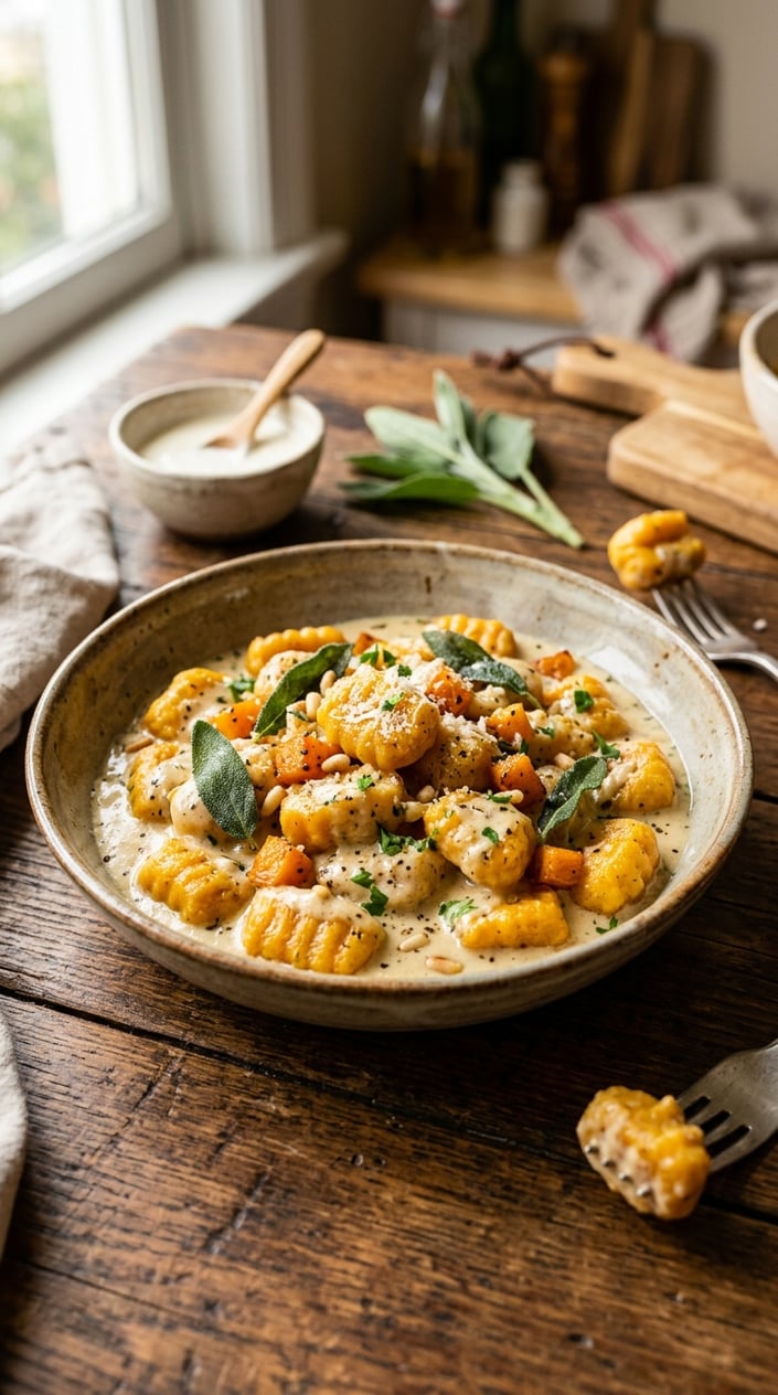 12 Gnocchi Recipes That Taste Like You Tried Way Harder Than You Did 36 A deep ceramic bowl of gnocchi with caramelized orange butternut squash cubes, cream-coated pillowy dumplings, and three crisped sage leaves resting on top against a rough wooden surface.