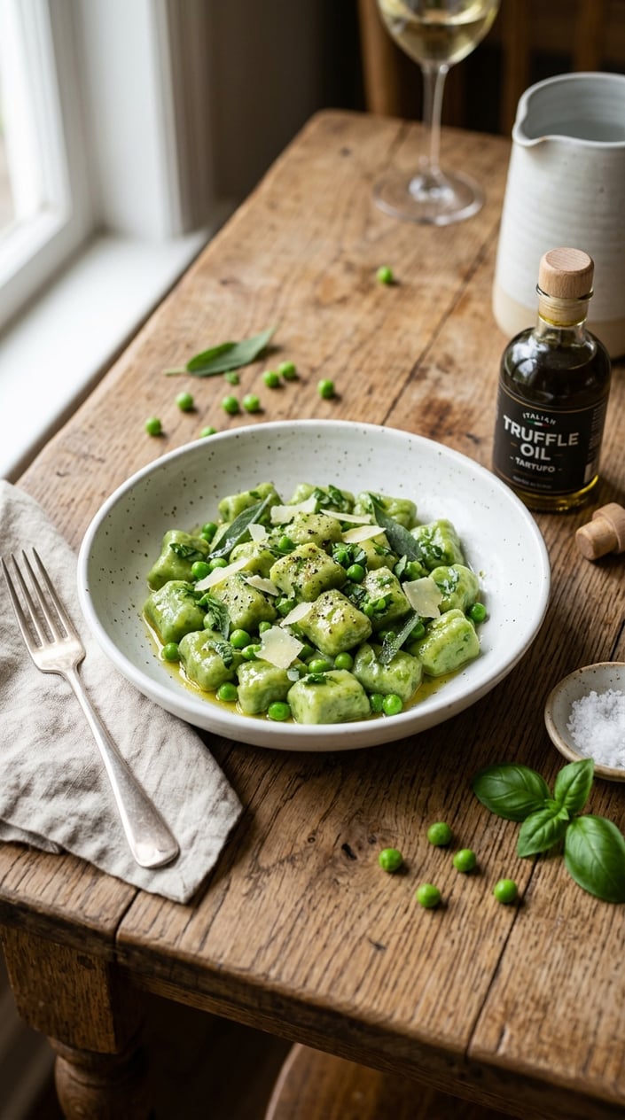 12 Gnocchi Recipes That Taste Like You Tried Way Harder Than You Did 37 A wide white bowl of gnocchi and bright green peas with a visible sheen of butter and truffle oil, garnished with lemon zest curls and chopped parsley against a light linen background.