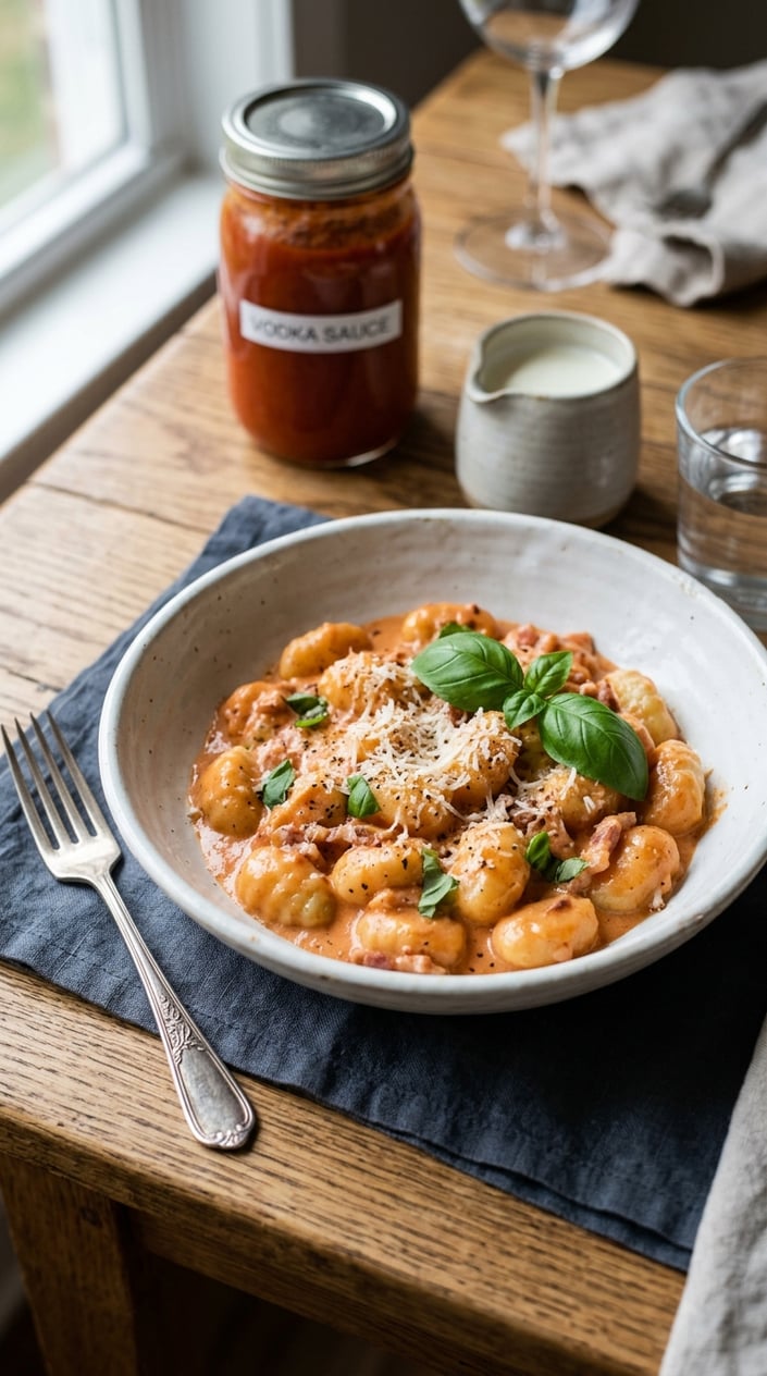 12 Gnocchi Recipes That Taste Like You Tried Way Harder Than You Did 38 A deep bowl of gnocchi swathed in coral-pink vodka cream sauce with a glossy sheen, scattered with torn basil, a heavy snowfall of Parmesan, and a small pitcher of cream and a sauce jar visible in the soft background.