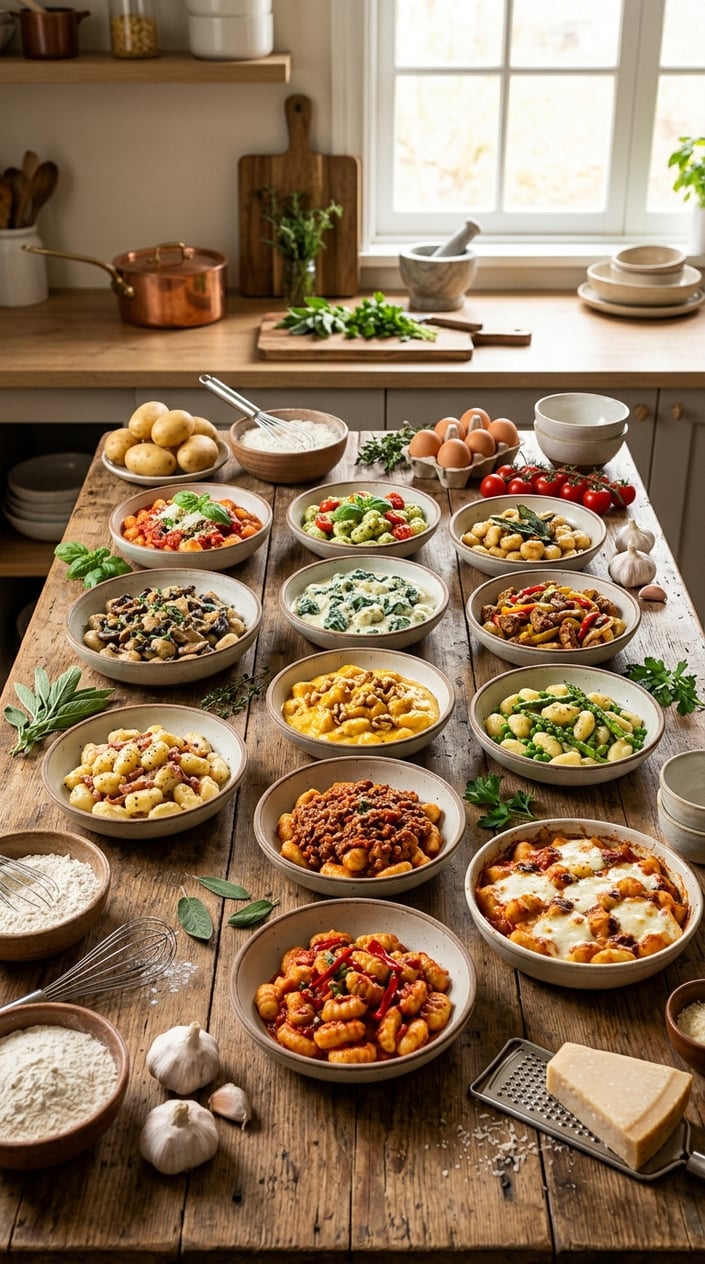 12 Gnocchi Recipes That Taste Like You Tried Way Harder Than You Did 39 An overhead kitchen table arrangement showing twelve small gnocchi portions in varied sauces — cream, tomato, pesto, brown butter — each in a different small bowl or plate surrounded by raw ingredients like sage, lemon halves, and loose Parmesan.