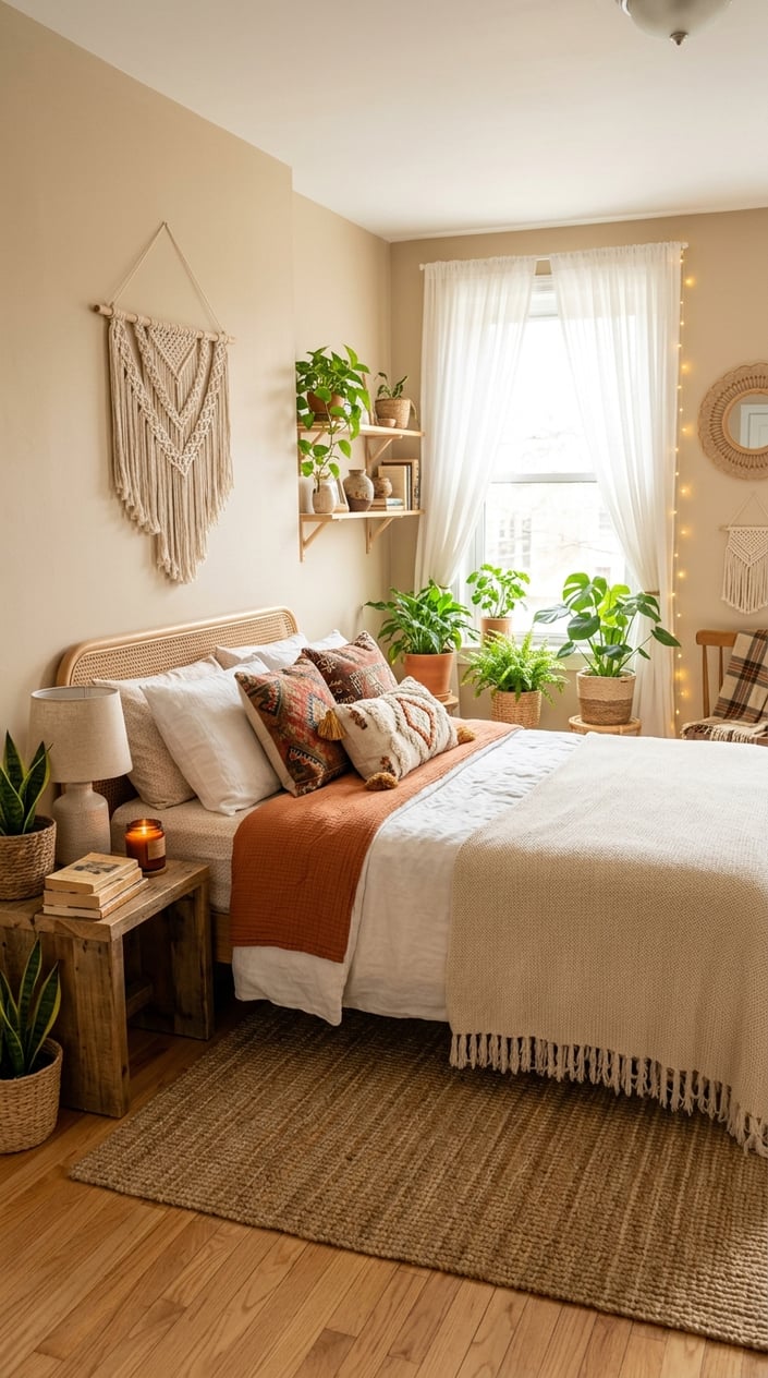 A sunlit bedroom with layered patterned pillows, trailing plants on a wooden nightstand, and warm afternoon light casting soft shadows across textured bedding.