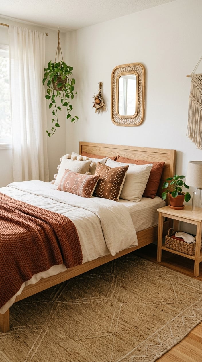 A bedroom with a neatly layered bed in warm terracotta and cream tones, a small wooden nightstand holding a trailing pothos plant, and sheer curtains letting in diffused morning light.