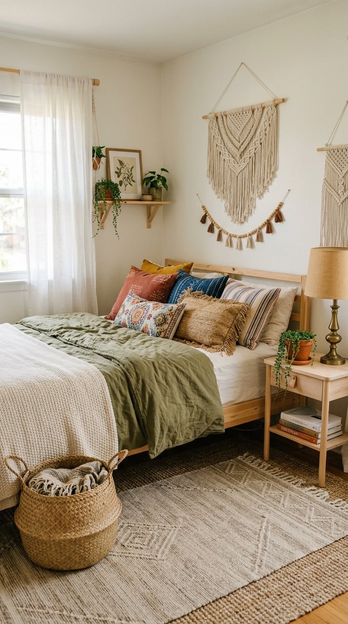 A simply styled bedroom corner with a wooden chair, stacked books, a potted plant, and afternoon light pooling on a light-colored wooden floor.
