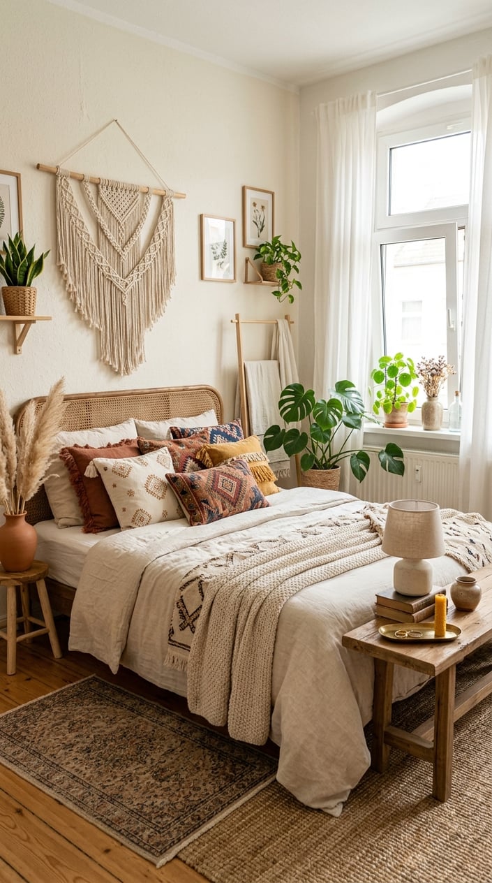 A bright bedroom with a rattan headboard, layered cream and rust-toned pillows, a macramé wall hanging, trailing green plants, and a wooden nightstand with a warm-toned ceramic lamp.