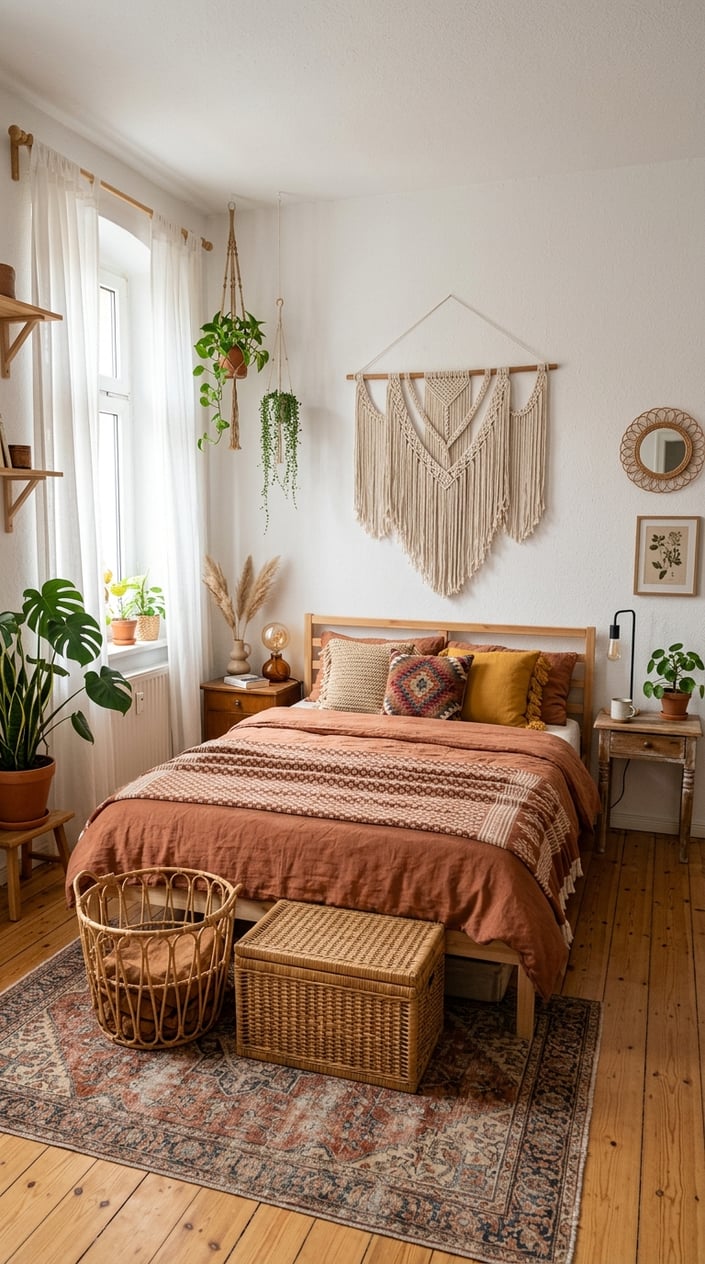 A softly lit bedroom with a wooden bedframe, cream and oatmeal-toned bedding, woven baskets on an open shelf, and sheer white curtains diffusing late-afternoon light.