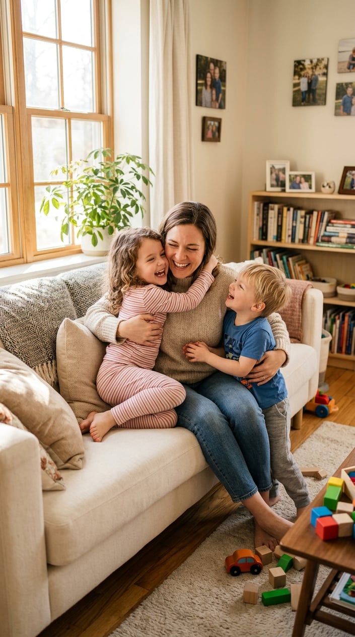 A mother with a warm, open expression sitting on a light-gray sofa while two young boys lean into her, grinning, in a sun-lit living room.