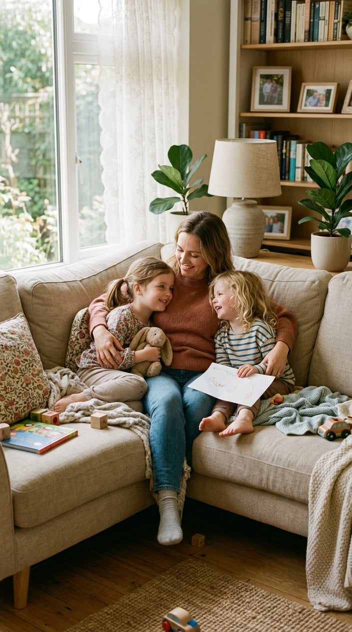 A mother on a tan fabric couch with two small children pressed close on either side, all three mid-laugh in a bright, simply furnished living room.