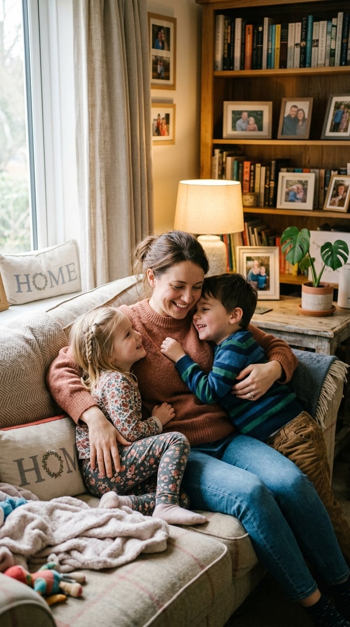 A mother seated cross-legged on a cream-colored couch with two young boys tucked against her sides, heads tilted toward her in a cozy, naturally lit room.