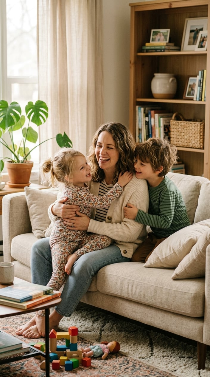 A mother on a light sofa with one child leaning against her shoulder and another wrapping arms around her waist, all three caught mid-laugh.