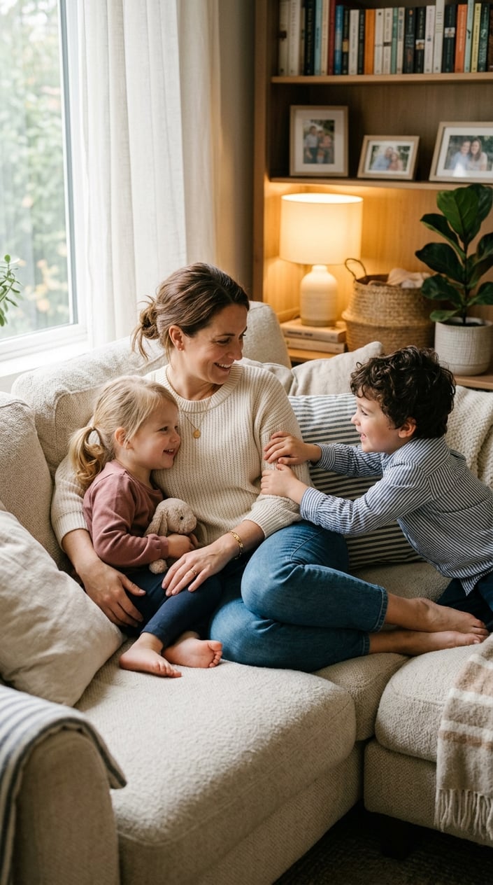 A mother on a soft cream sofa with two young children leaning into her from both sides, everyone relaxed and at ease in a warmly lit home setting.