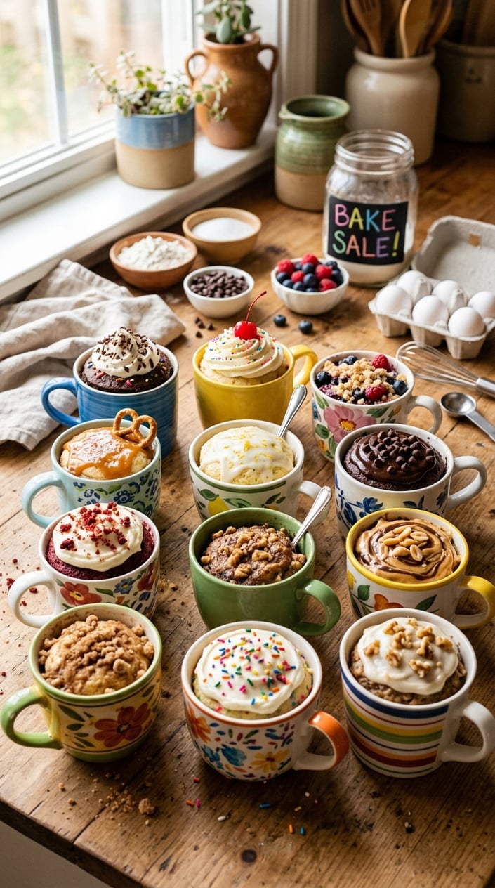 11 Mug Cake Recipes That Save the Night When Someone Forgot the Bake Sale 24 Eleven ceramic mugs in assorted colors filled with freshly made mug cakes arranged in two rows on a light wood countertop, surrounded by scattered chocolate chips, a small whisk, and a dusting of flour.