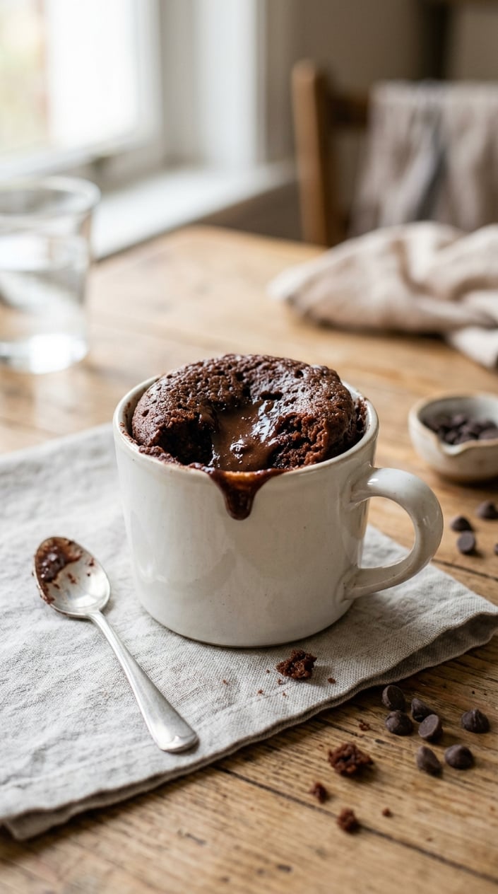 11 Mug Cake Recipes That Save the Night When Someone Forgot the Bake Sale 25 A thick white ceramic mug filled with chocolate lava cake, molten chocolate pooling at the center where the top has just broken open, set on a weathered wood table beside a small spoon and a few scattered chocolate chips.