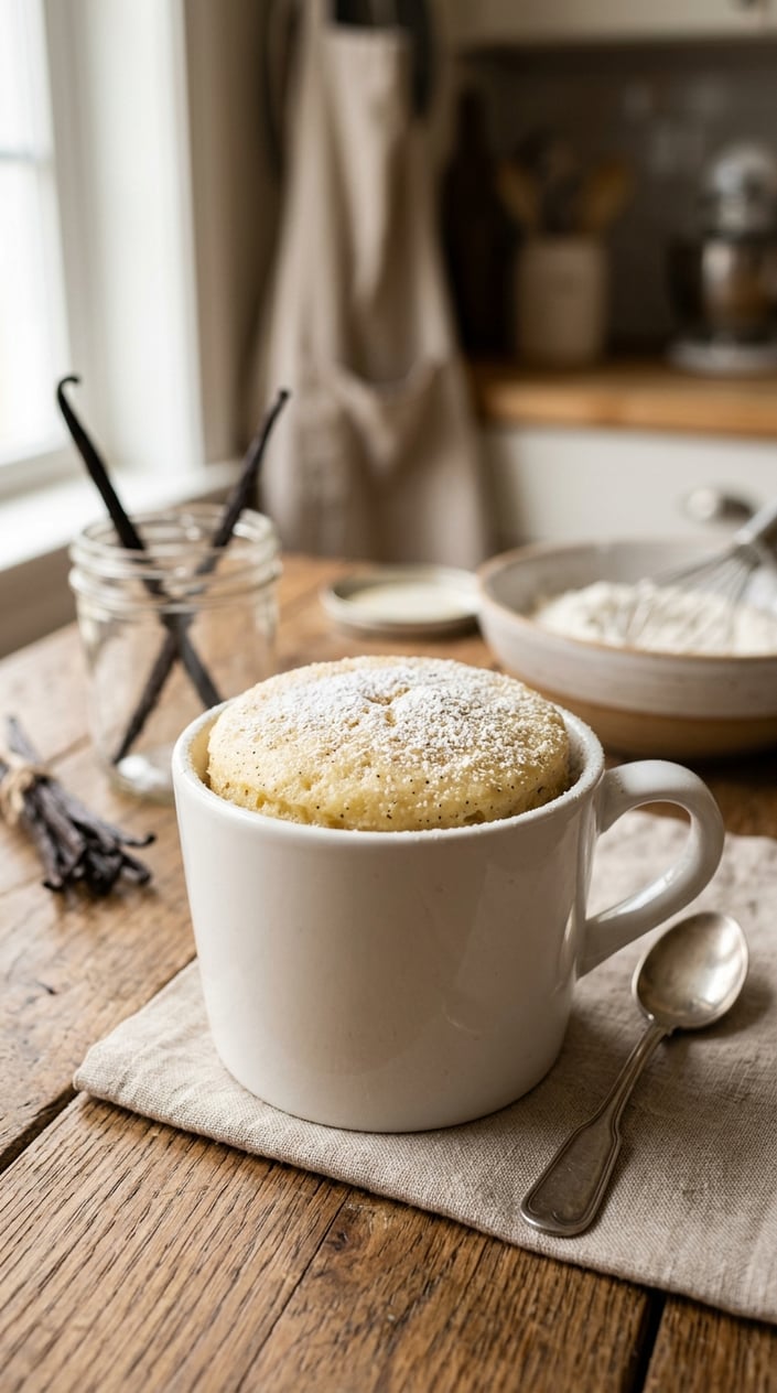 11 Mug Cake Recipes That Save the Night When Someone Forgot the Bake Sale 26 A simple white ceramic mug holding a pale golden vanilla mug cake, lightly domed at the top, on a wooden table with a small jar of vanilla beans and a scattering of flour visible in the soft background.