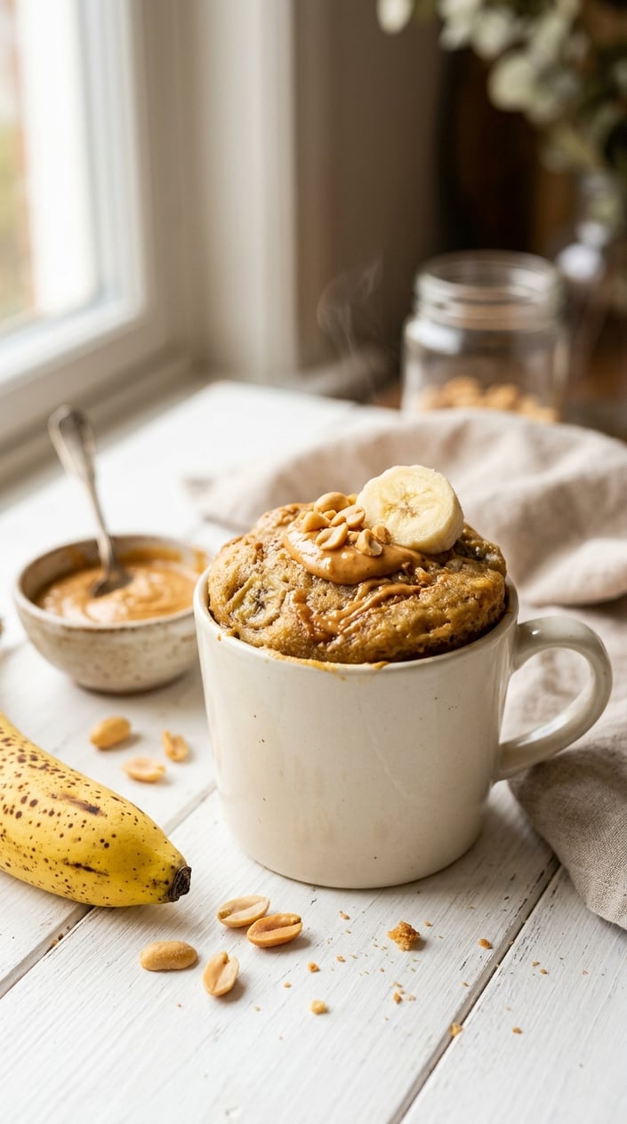 11 Mug Cake Recipes That Save the Night When Someone Forgot the Bake Sale 27 A ceramic mug filled with a dense, warmly golden peanut butter banana mug cake on a clean white surface, with a halved ripe banana and a spoonful of peanut butter and a few whole peanuts arranged beside it.