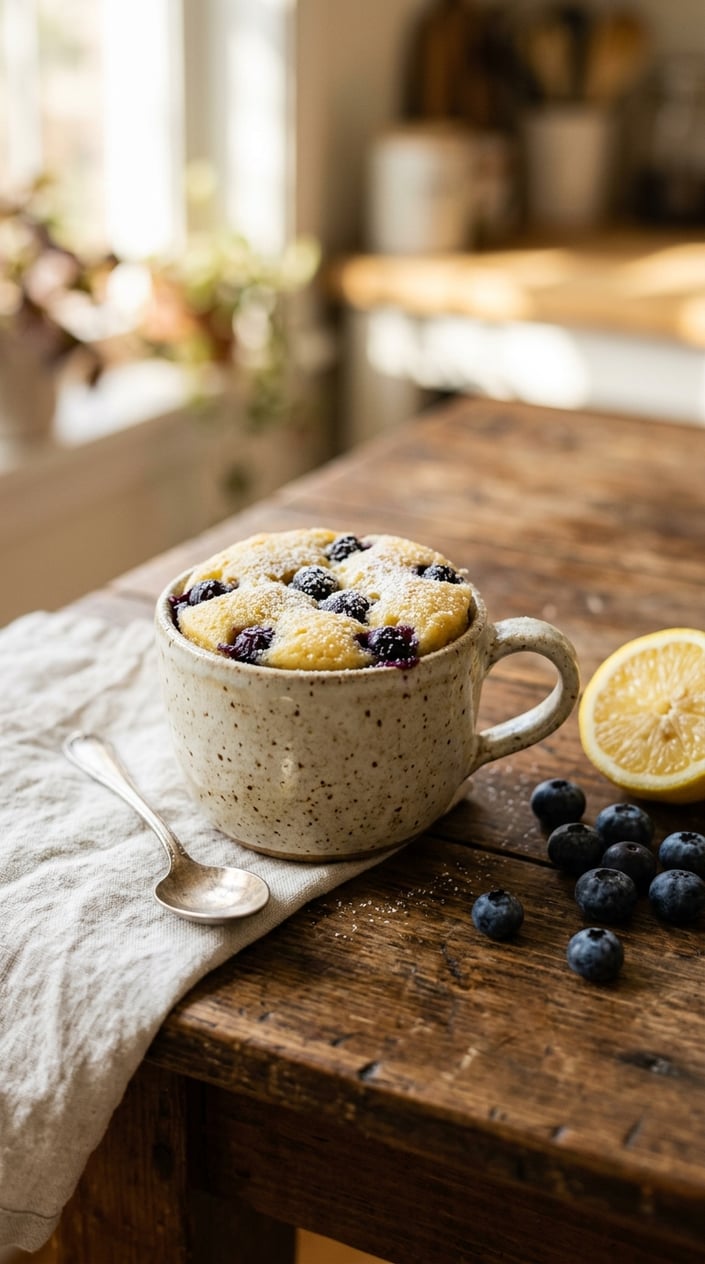 11 Mug Cake Recipes That Save the Night When Someone Forgot the Bake Sale 28 A ceramic mug holding a pale lemon-yellow mug cake studded with dark blueberries at the surface, set on a worn wooden table beside three fresh blueberries and a lemon half with its juice pooling slightly on the wood.
