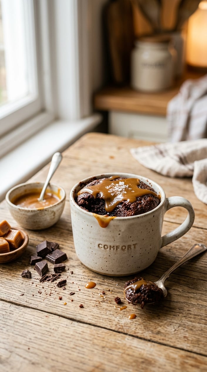 11 Mug Cake Recipes That Save the Night When Someone Forgot the Bake Sale 29 A dark ceramic mug filled with a fudgy brownie mug cake, topped with a visible drizzle of amber caramel sauce that has pooled slightly at the rim, sitting on a wood table with a small bowl of caramel and a few chocolate chips scattered nearby.