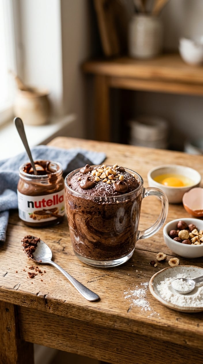 11 Mug Cake Recipes That Save the Night When Someone Forgot the Bake Sale 30 A clear glass mug showing a marbled chocolate-hazelnut mug cake with visible dark Nutella swirls against a lighter batter, on a warm wood table with whole hazelnuts and an open jar of chocolate-hazelnut spread beside it.
