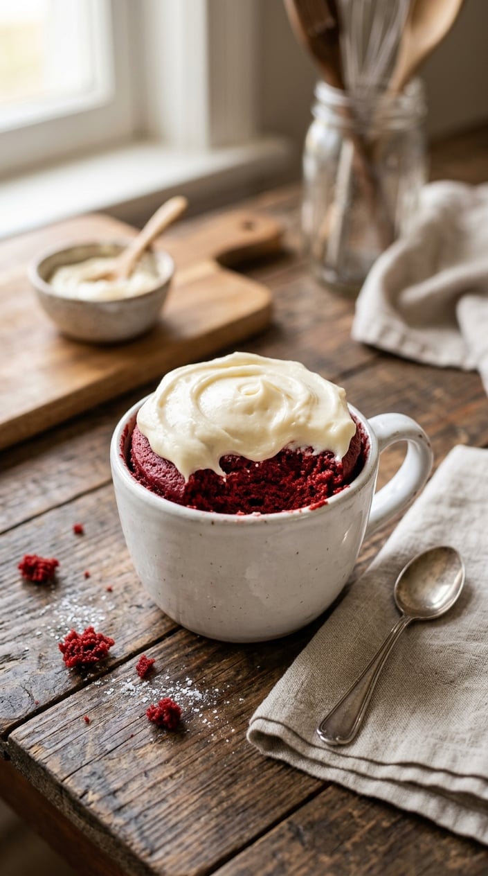 11 Mug Cake Recipes That Save the Night When Someone Forgot the Bake Sale 31 A clean white ceramic mug filled with a deep red mug cake, a small visible pocket of white cream cheese filling just below the surface, with a silver spoon and a folded white napkin resting alongside it on a wood table.