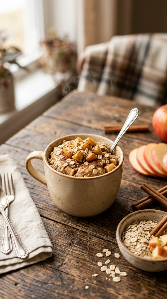 11 Mug Cake Recipes That Save the Night When Someone Forgot the Bake Sale 32 A wide ceramic mug filled with a rustic oatmeal mug cake topped with soft apple chunks and a visible dusting of cinnamon, surrounded on a wood table by thin apple slices, a whole cinnamon stick, and a small pile of rolled oats.