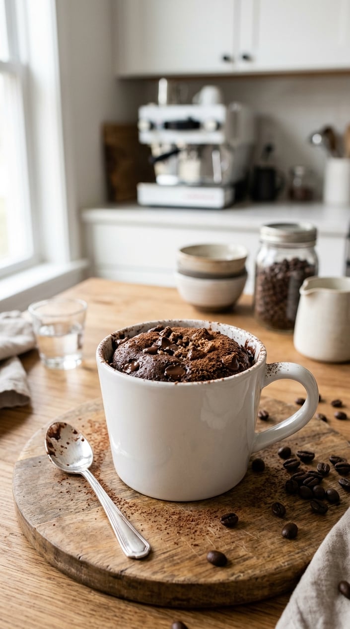 11 Mug Cake Recipes That Save the Night When Someone Forgot the Bake Sale 33 A white ceramic mug containing a dark chocolate mug cake with visible mini chocolate chips at the surface, set on a light wood countertop with whole coffee beans scattered beside it and a silver spoon resting against the mug.