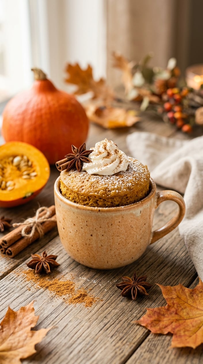11 Mug Cake Recipes That Save the Night When Someone Forgot the Bake Sale 34 A round ceramic mug with a lightly domed pumpkin-orange mug cake inside, sitting on a wood table surrounded by two small sugar pumpkins, two cinnamon sticks, and a few dried autumn leaves arranged loosely around the base.