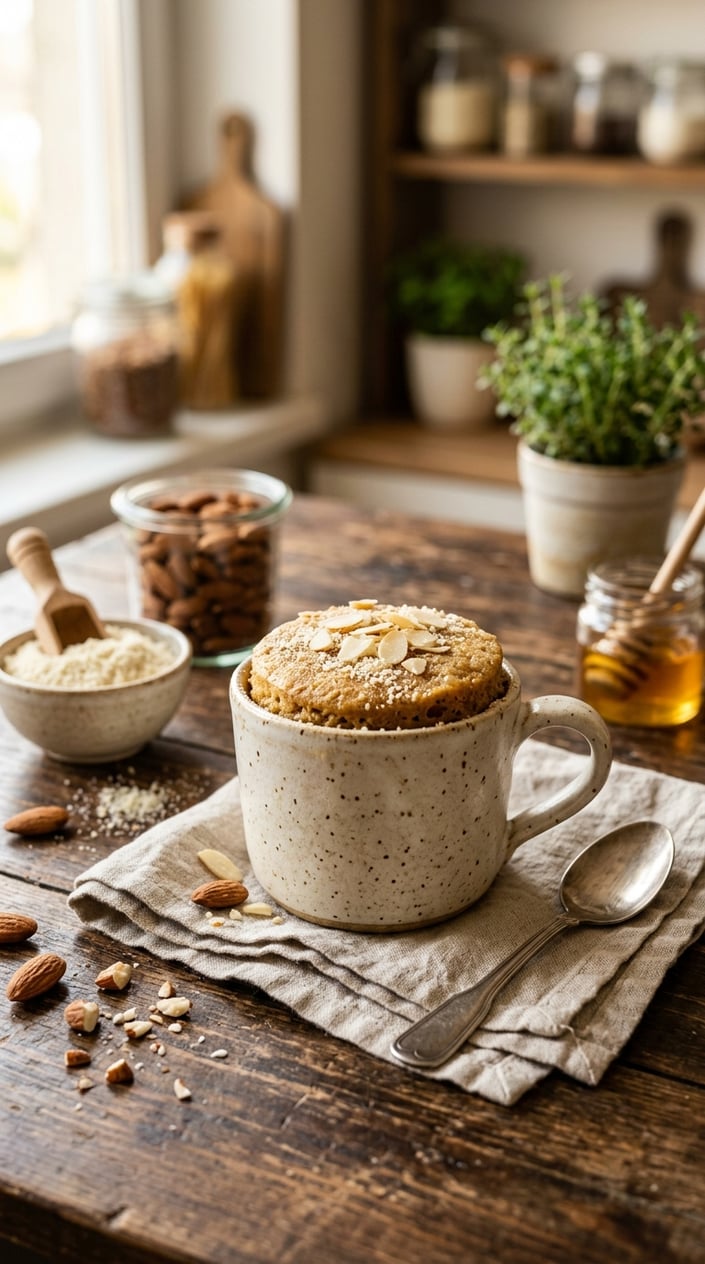 11 Mug Cake Recipes That Save the Night When Someone Forgot the Bake Sale 35 A golden-tan mug cake made with almond flour sitting in a plain ceramic mug on a wood table, with a small pile of sliced almonds and a wooden scoop of fine almond flour resting beside it.