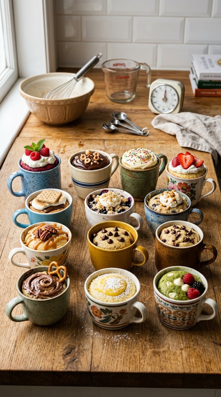 11 Mug Cake Recipes That Save the Night When Someone Forgot the Bake Sale 36 Eleven mug cakes in mismatched colorful ceramic mugs lined up on a wide wood kitchen counter, with a blurred background showing baking tools, a wooden spoon, and a small sifter.