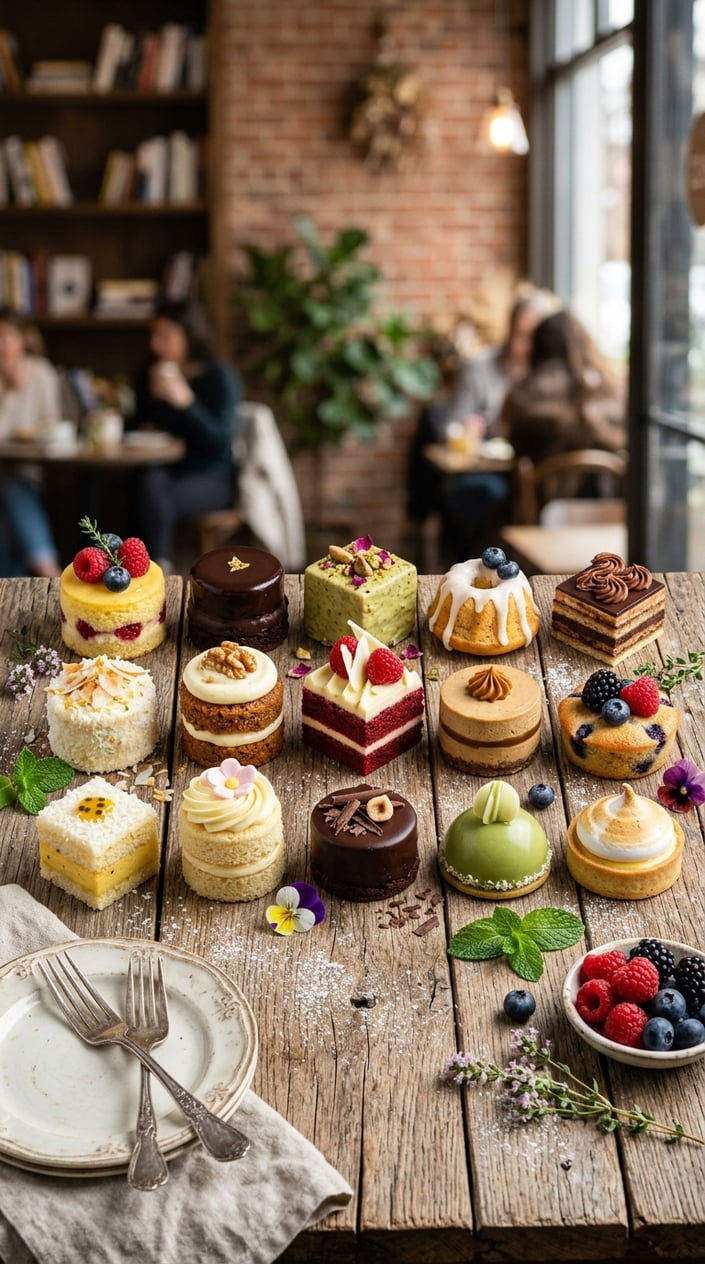 An assortment of small decorated mini cakes arranged on a weathered wood surface with plates, forks, and soft natural light.
