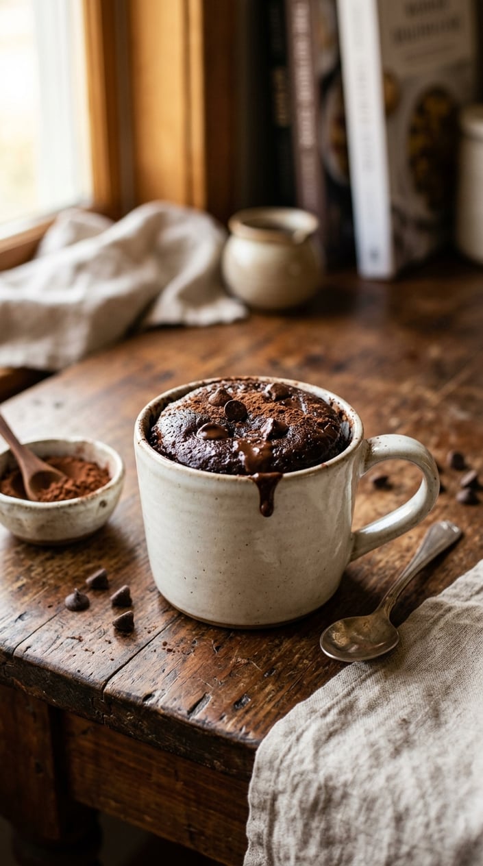 A dark chocolate mug cake baked directly in a cream-colored ceramic mug, topped with a few melted chocolate chips, resting on a wooden surface with a silver spoon nearby.
