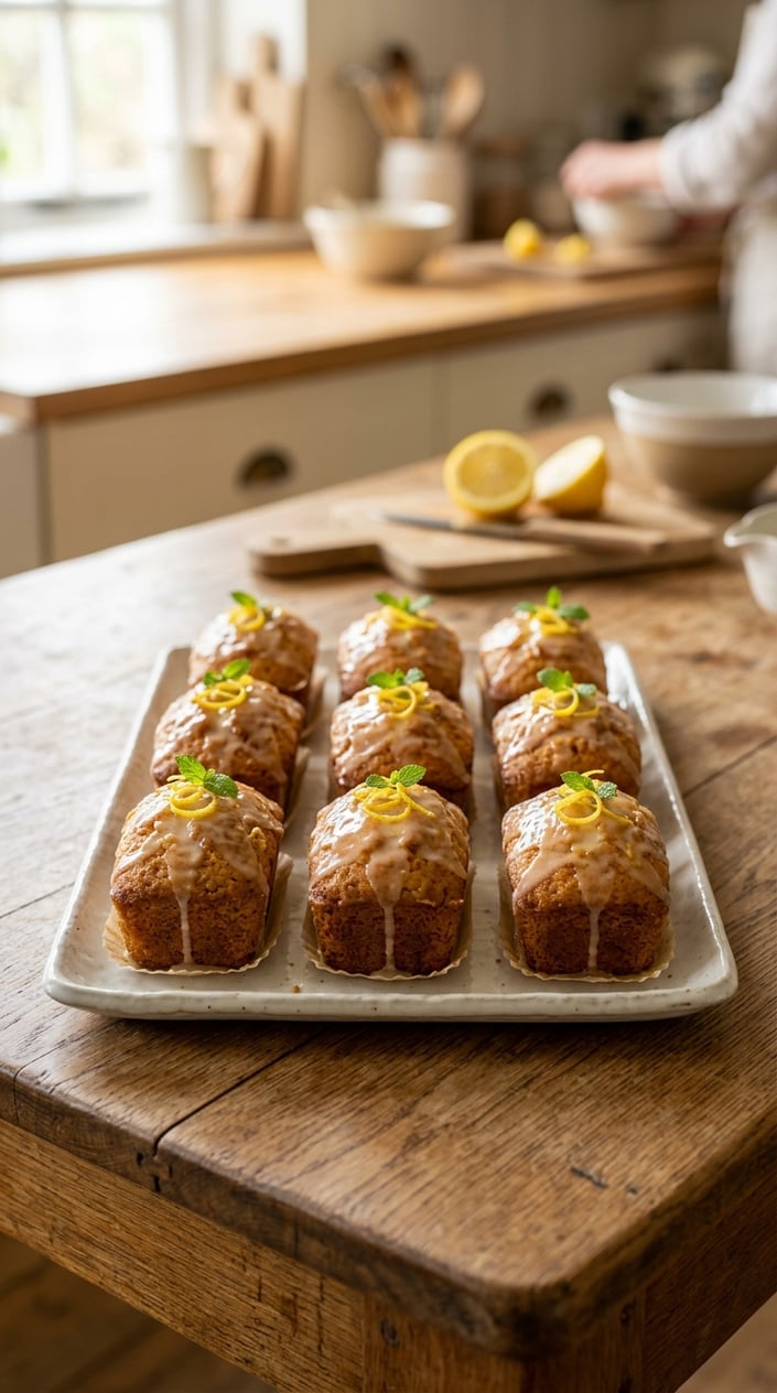 Six small golden lemon drizzle loaves on a white ceramic platter, scattered with fine lemon zest and a few mint leaves, with a matte kitchen backdrop.
