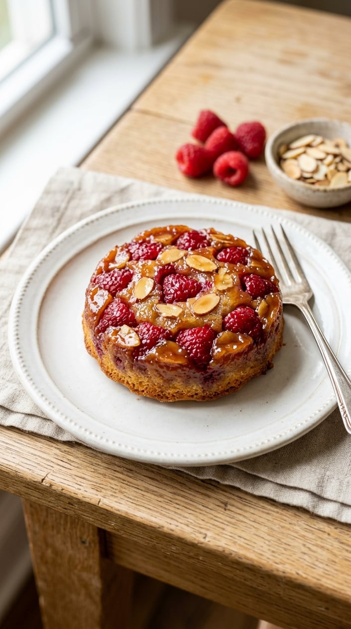 A single mini upside-down cake on a round white plate, with fresh raspberries arranged across the caramelized top and sliced almonds fanned at the edges, on a worn wood surface.