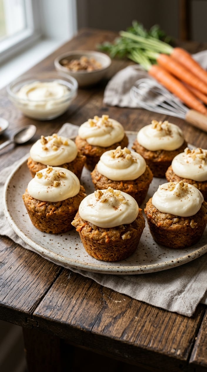 A dozen mini carrot cake muffins on a round wooden plate, each topped with a small swirl of white cream cheese frosting, with a bag of flour and a grater visible in the background.