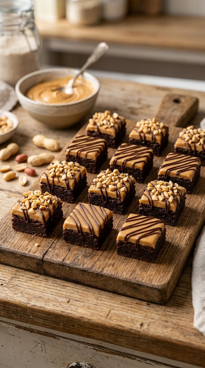 Two fudgy peanut butter brownie bites on a small wooden board, with a ramekin of creamy peanut butter and a scatter of whole peanuts in the soft-focus background.