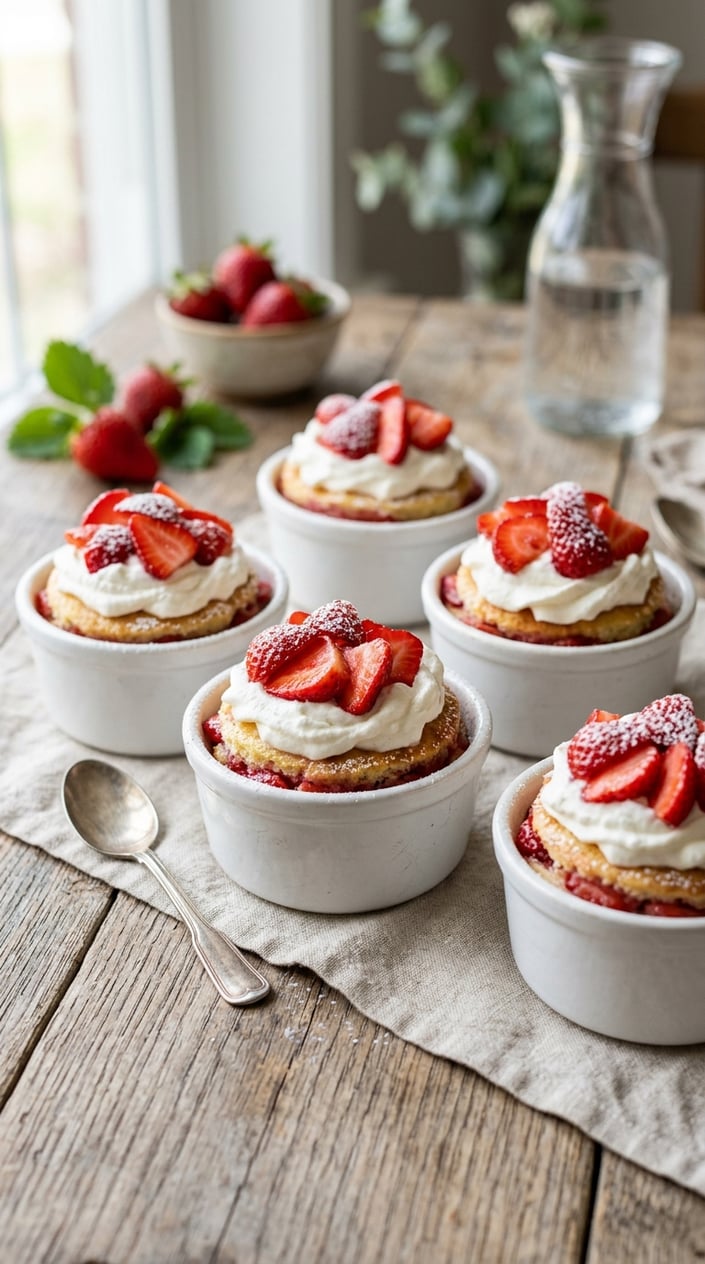 Four white ceramic ramekins filled with golden shortcake biscuits layered with sliced fresh strawberries and billowy whipped cream, arranged on a light wood surface.